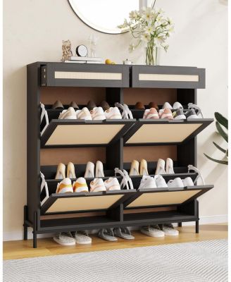 Rattan Shoe Cabinet with 4 Flip Drawers & 2 Top Drawers, Slim Wooden Freestanding Shoe Organizer with Adjustable Shelves