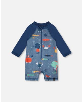Baby Boys One-Piece Long Sleeve Rashguard Blue Printed Marine Animals