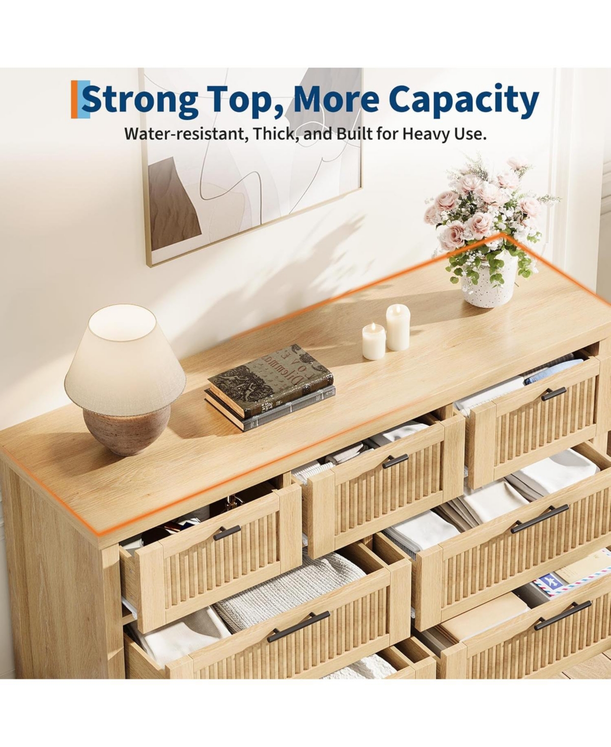 gaomon Fluted 7 Drawers Dresser for Bedroom, 47.4 Inch Wide Wood Chest of Drawers, Large Clothes Storage Cabinet Tv Stand for Nursery, Living Room