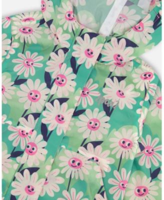 Girls Packable Windbreaker in Polyester Smiling Flower Print