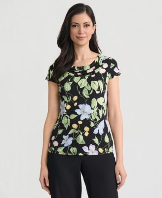 Women's Cowl-Neck Cap-Sleeve Floral Top