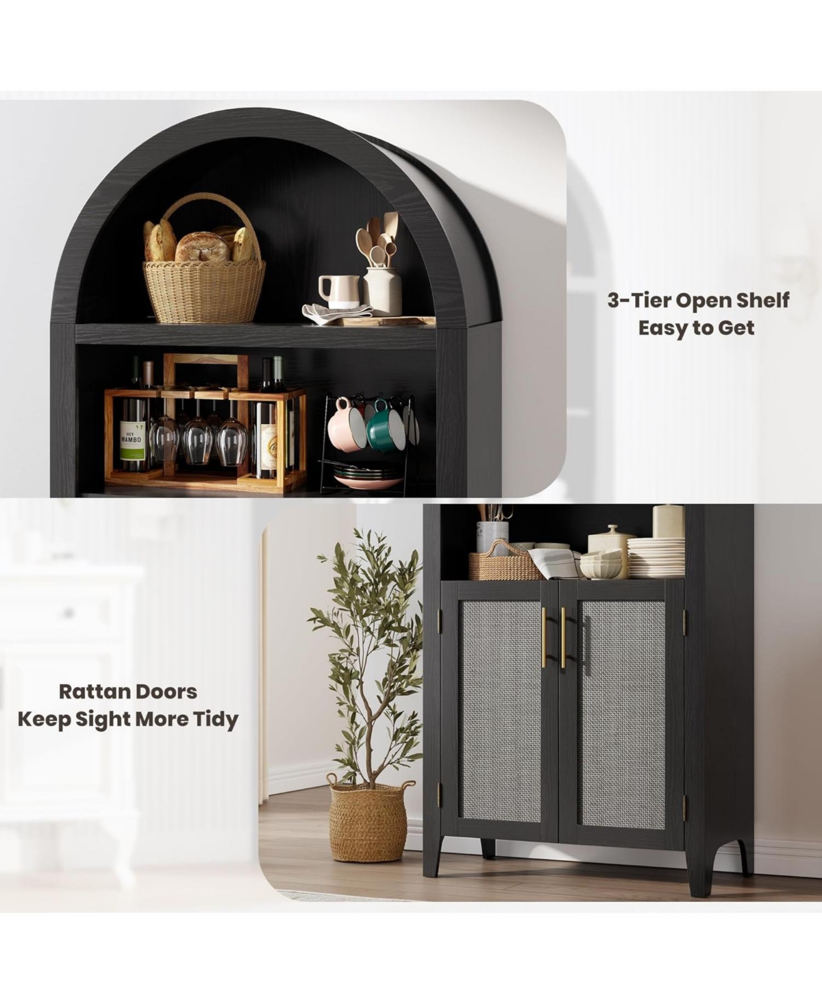 gaomon 5-Tier Open Display Shelf with Rattan Decor, Farmhouse Storage Cabinet for Kitchen