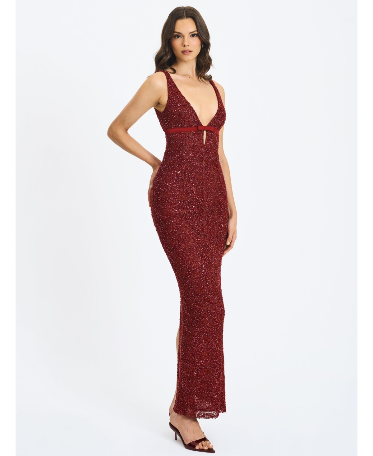 Miss Circle Women's Elora Crimson Sequin Beaded Keyhole Maxi Dress