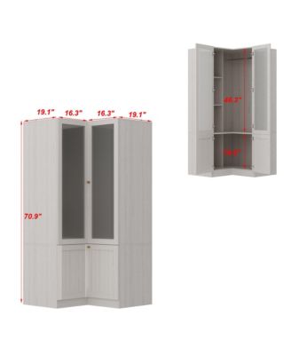 Corner Wardrobe Closet with 2 Glass Doors, Armoire with Hanging Rod