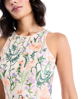 Women's Embroidered Floral Halter Neck Midi Dress