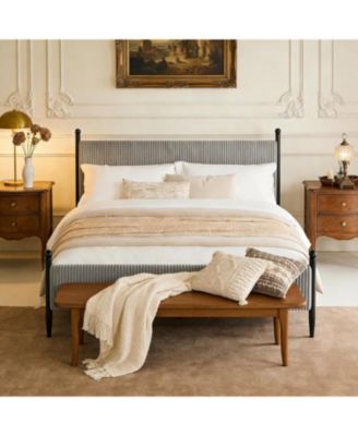 Bed Frame with Vertical Stripes headboard, Corduroy upholstered Bed upholstered Bed Frame with Vintage Metal Legs, no Box Spring Needed