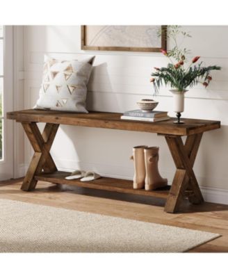 43.3" Solid Wood Bench, Farmhouse Wooden Entryway Bench with Storage Shelf, X-Shaped Leg Design, Entry Way Shoe Benches Seat