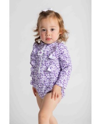 Little Girls Floral Print One Piece Rashguard with Ruffles