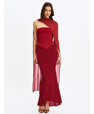 Women's Giselle Crimson Peplum Mermaid Gown with Chiffon Scarf