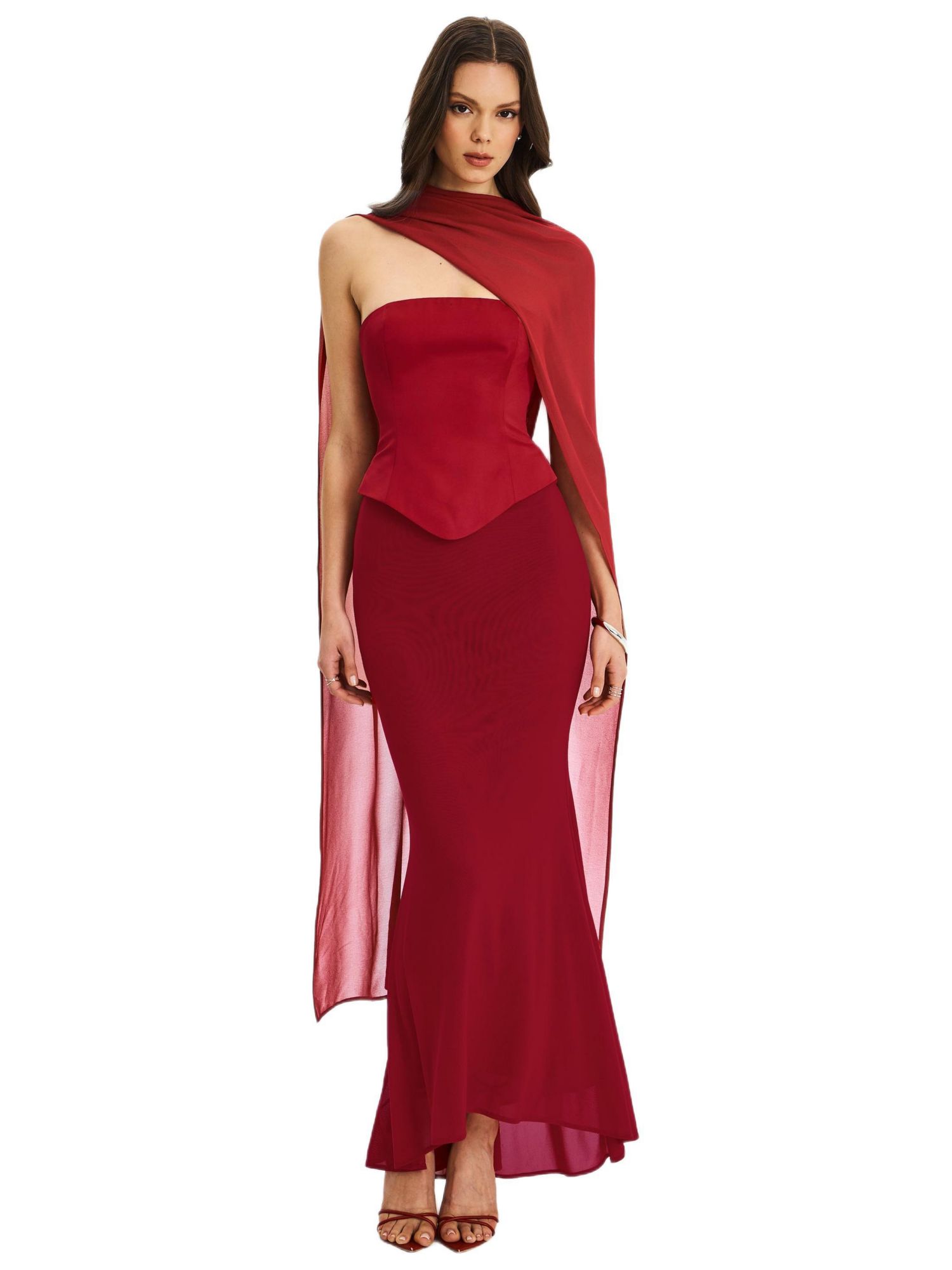 Women's Giselle Crimson Peplum Mermaid Gown with Chiffon Scarf