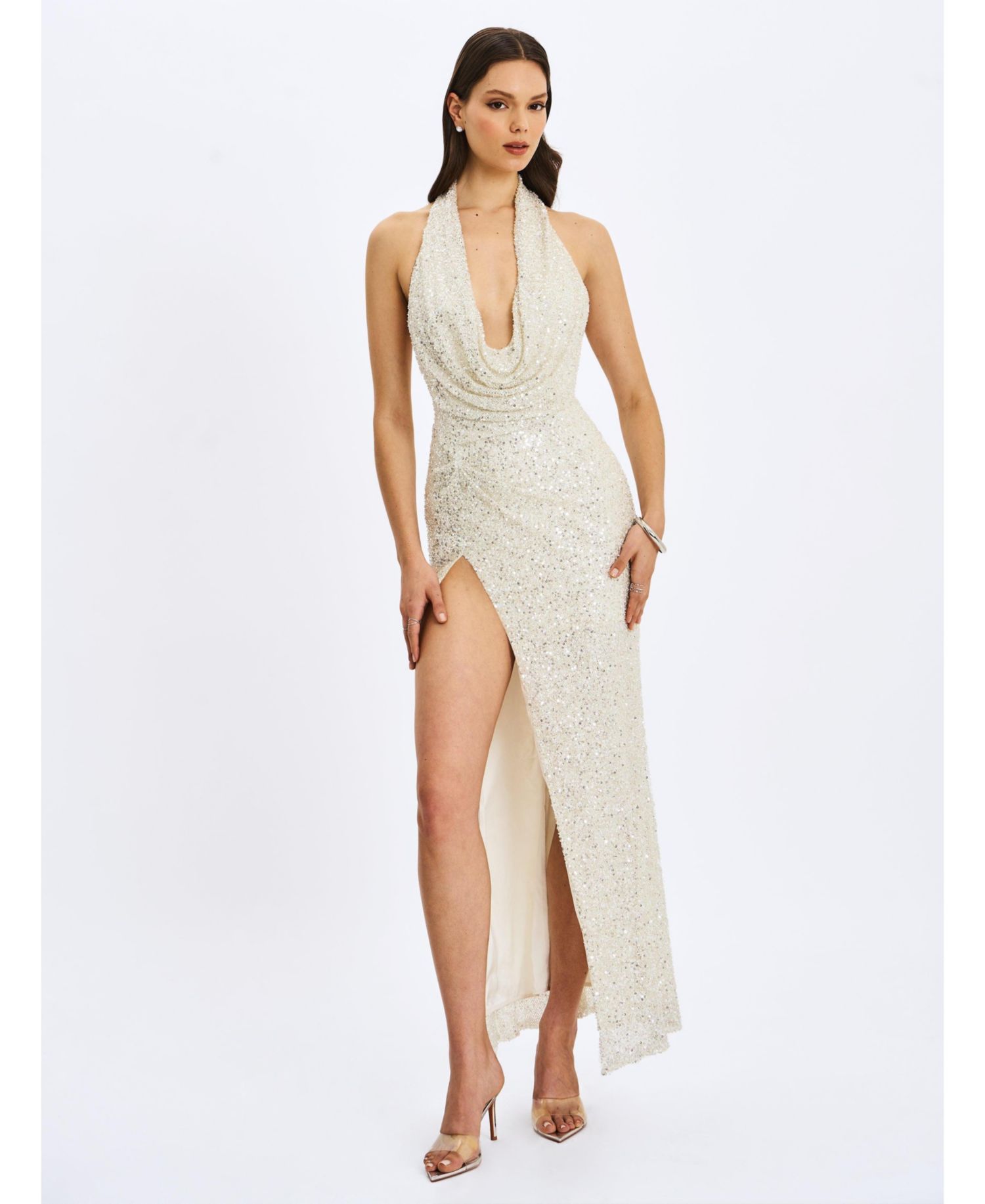 Women's Niamh Golden Beaded Cowl Halter Backless Maxi Dress