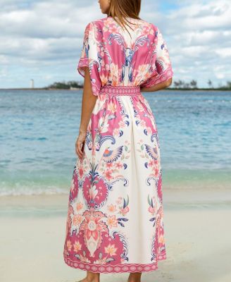 Women's Plunging V-Neck Short-Sleeve Woven Maxi Dress