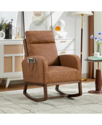 Modern Nursery Chair,Rocking Chair with High Backrest Armchair,PU Glider Accent Reading Chairs Padded Seat for Living Room,Bedroom