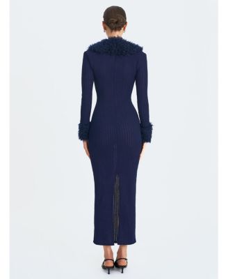 Women's Romina Plunging Fur Trimmed Crochet Maxi Dress