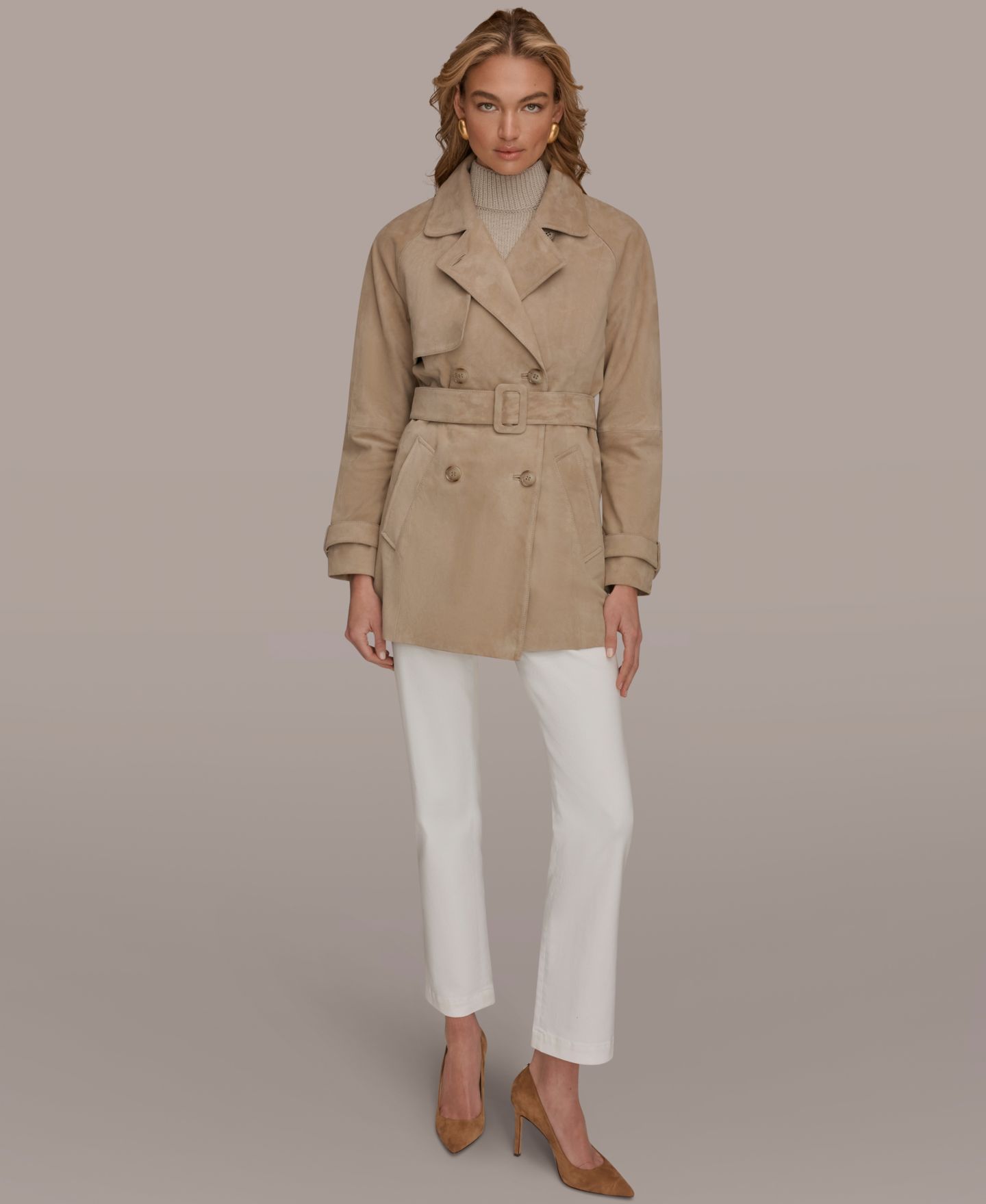 Женское пальто Donna Karan New York Double Breasted Belted Suede Trench, цвет: Светлый хаки — фото 8