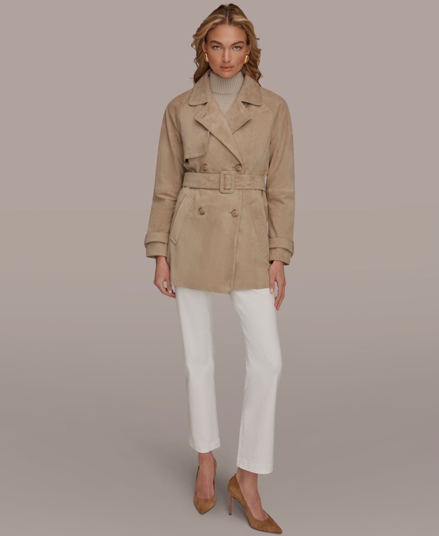 Women's Double Breasted Belted Suede Trench Coat