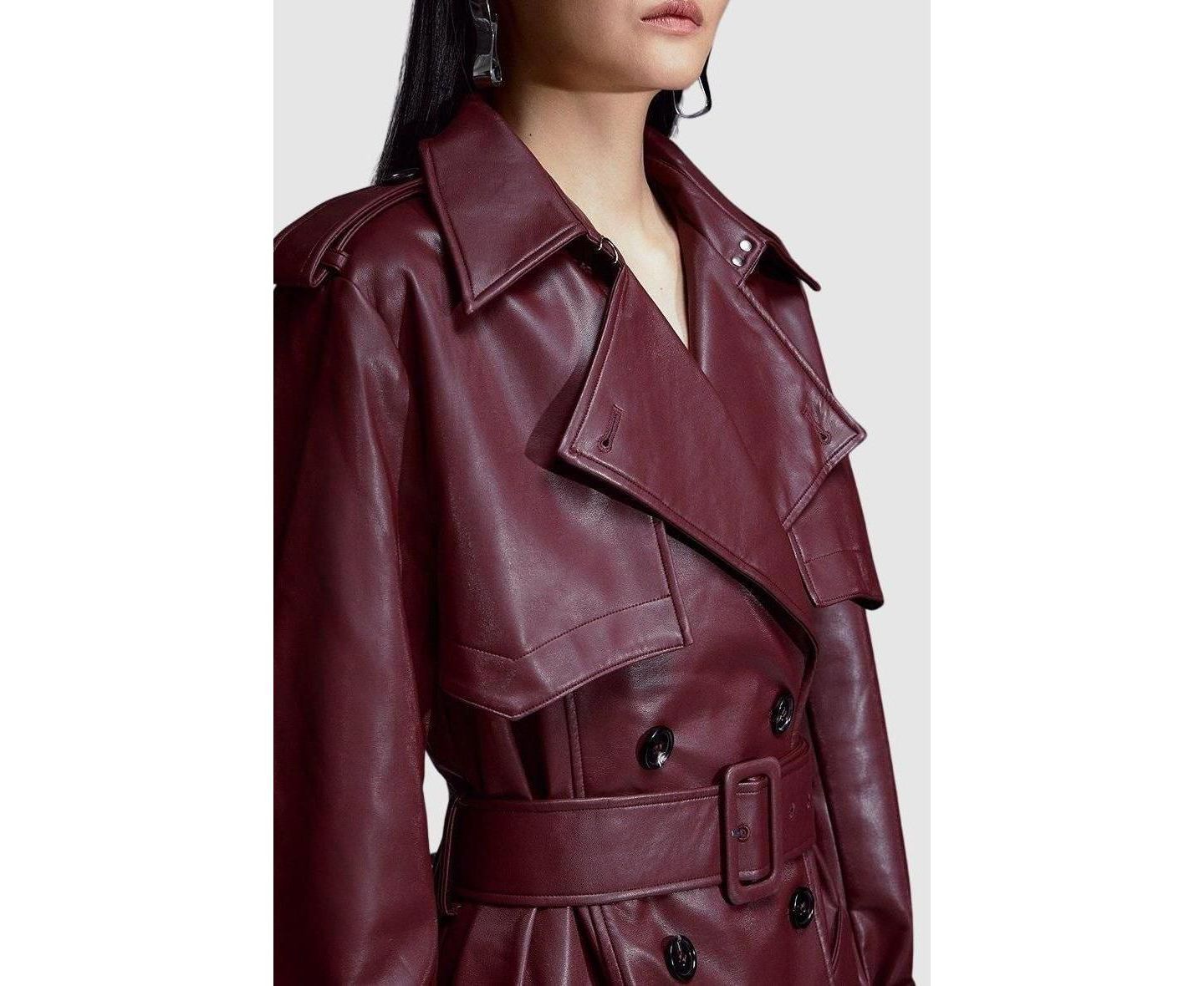 Женское пальто Karen Millen Tailored Faux Leather Belted Trench, цвет: Тёмно-бордовый — фото 6