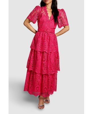 Women's Short Sleeve Tiered Lace Midi Dress
