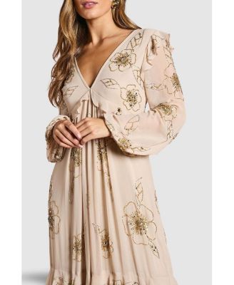 Women's V Neck Embellished Tiered Midi Dress