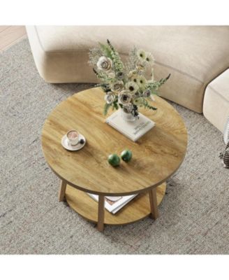 Round Coffee Table with Storage, 2-Tier 31.5" Center Table with Wooden Legs for Living Room & Bedroom