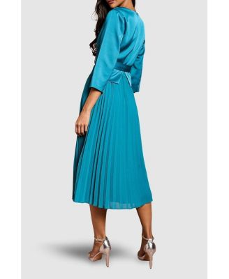 Women's Satin Bodice Pleat Skirt Midi Dress.
