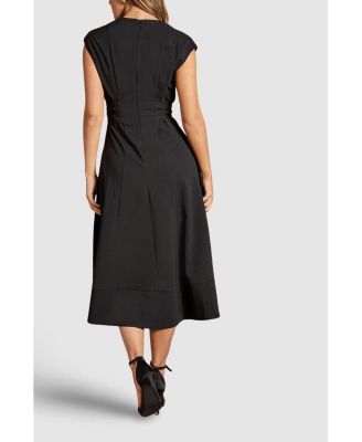 Women's Belted Crepe V-Neck Midi Dress