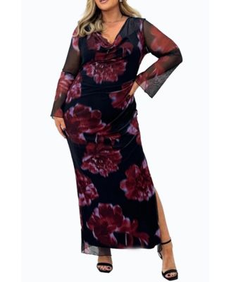 Women's Cowl Neck Mesh Flare Sleeve Maxi Dress