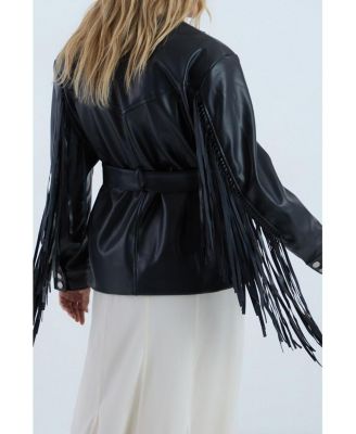 Women's Fringe Faux Leather Belted Jacket