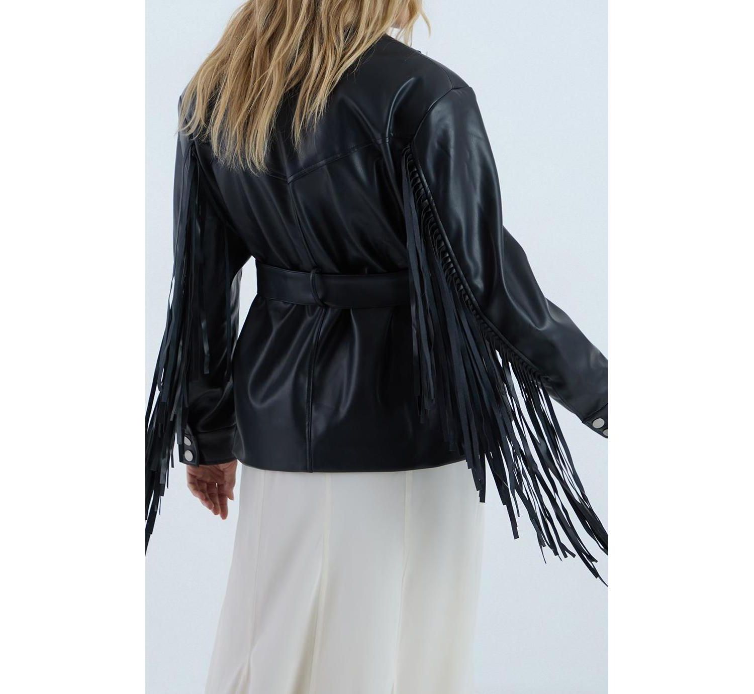 Women's Fringe Faux Leather Belted Jacket