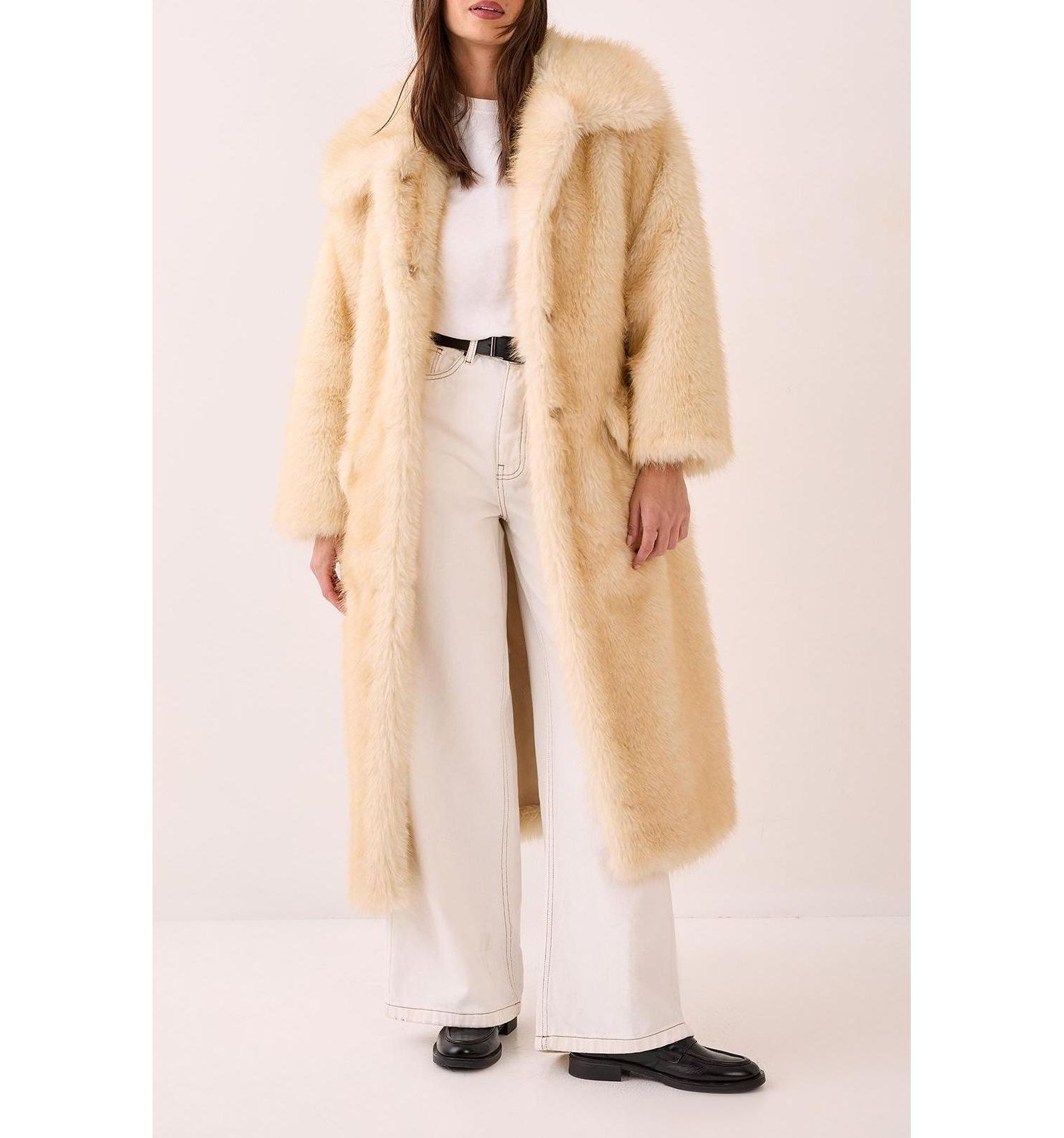 Women's Belted Tipped Faux Fur Coat