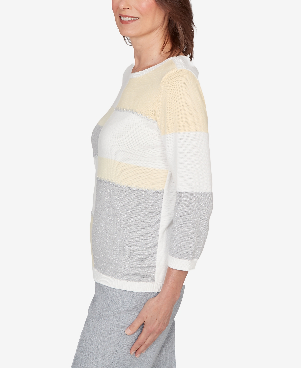 Alfred Dunner Women's Al Fresco Ribbed Colorblock Jewel Neck Sweater