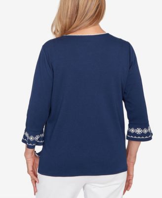 Women's  Mykonos Diagonal Scroll Embroidered Crew Neck Top