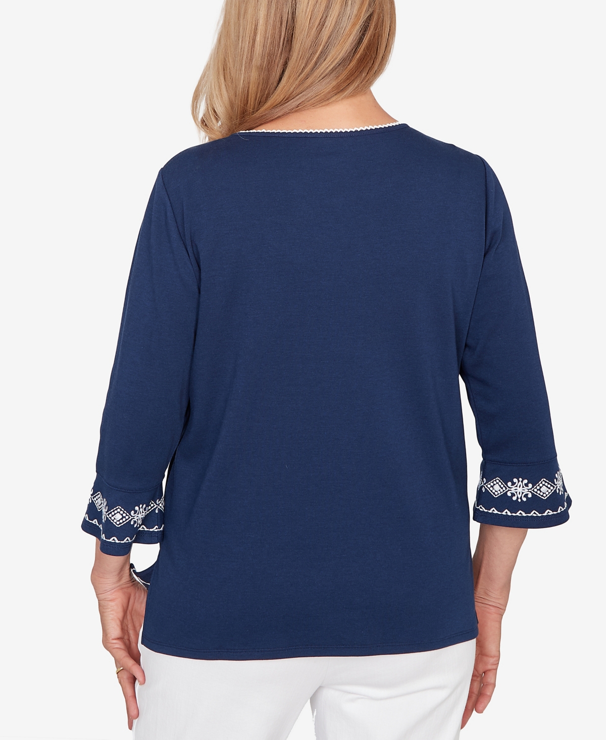 Alfred Dunner Women's Mykonos Diagonal Scroll Embroidered Crew Neck Top