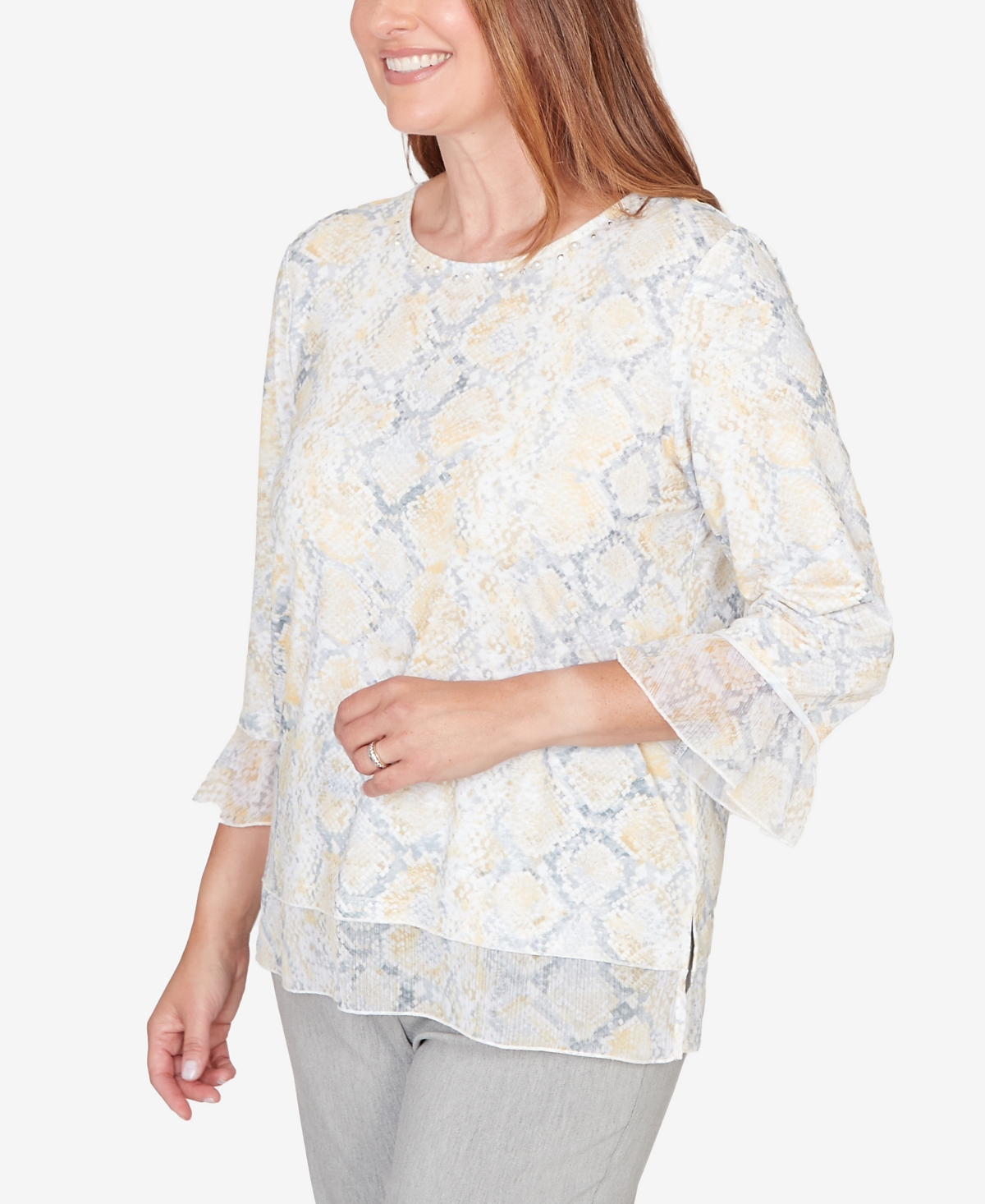 Alfred Dunner Women's Al Fresco Python Printed Knit Flutter Sleeve Top