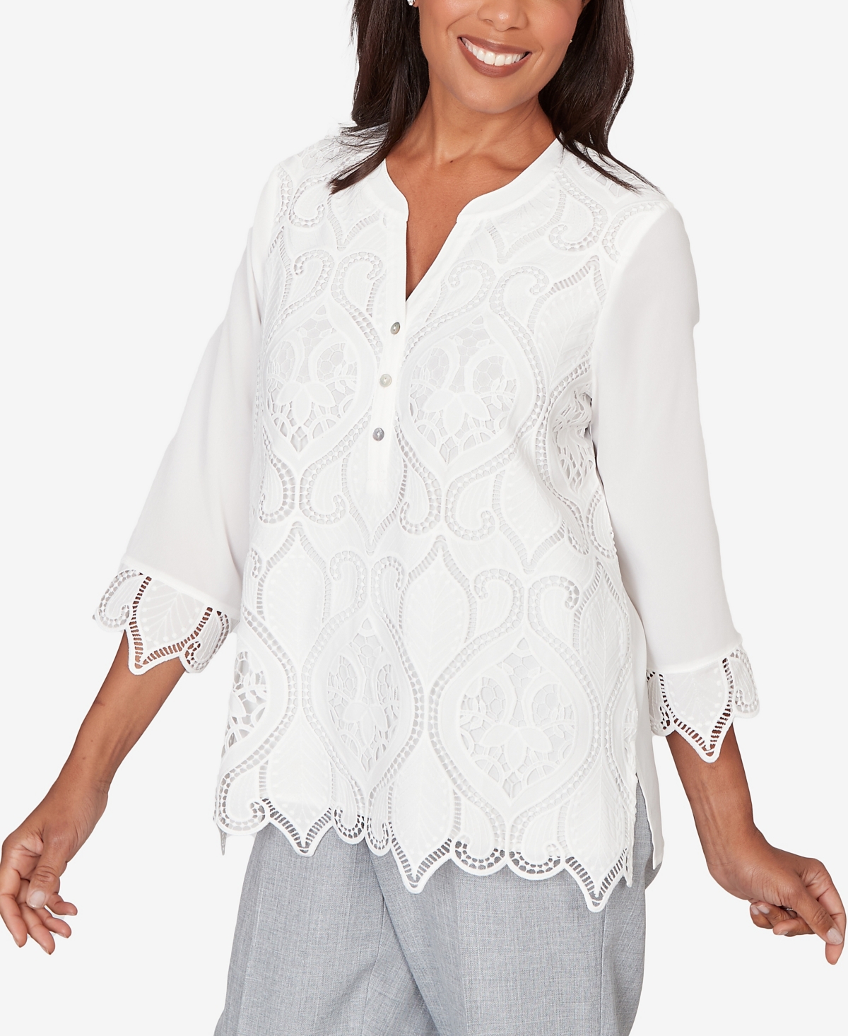 Alfred Dunner Women's Al Fresco Lace Cut Out Front Henley Top