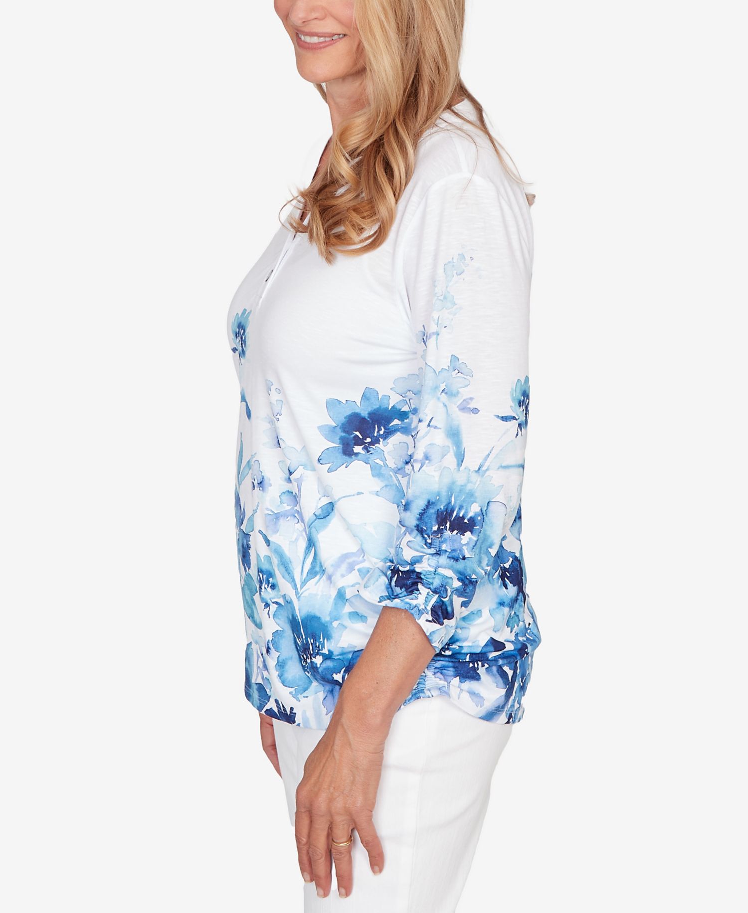 Women's Mykonos Watercolor Floral Border Henley Top