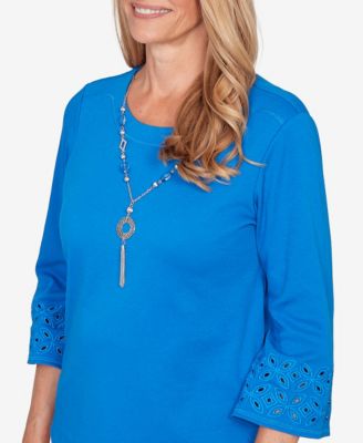 Women's  Mykonos Eyelet Sleeve Solid Top with Necklace
