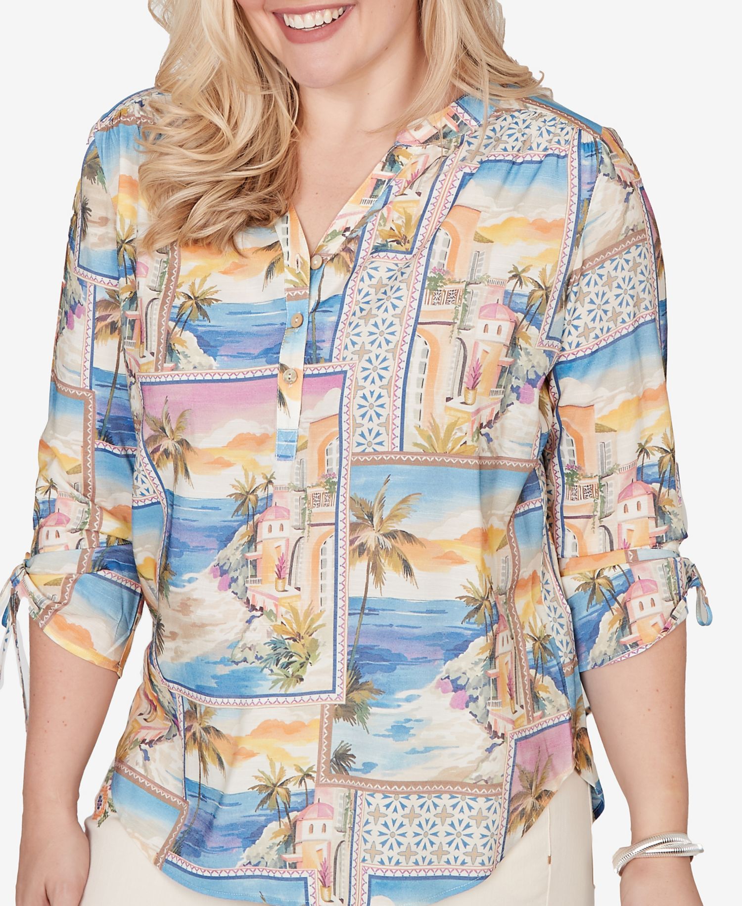 Women's Beachcomber Postcard Print Tie-Sleeve Henley Top