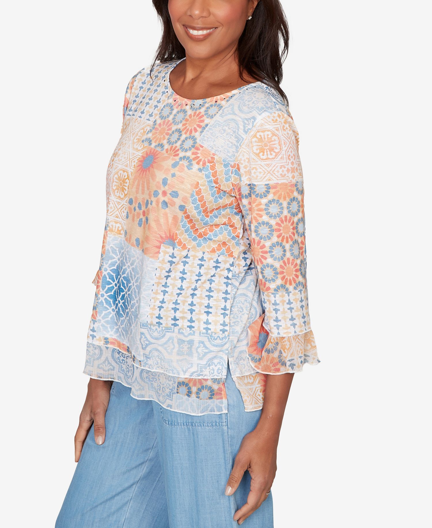Women's Beachcomber Patchwork Medallion Ruffle Sleeve Top