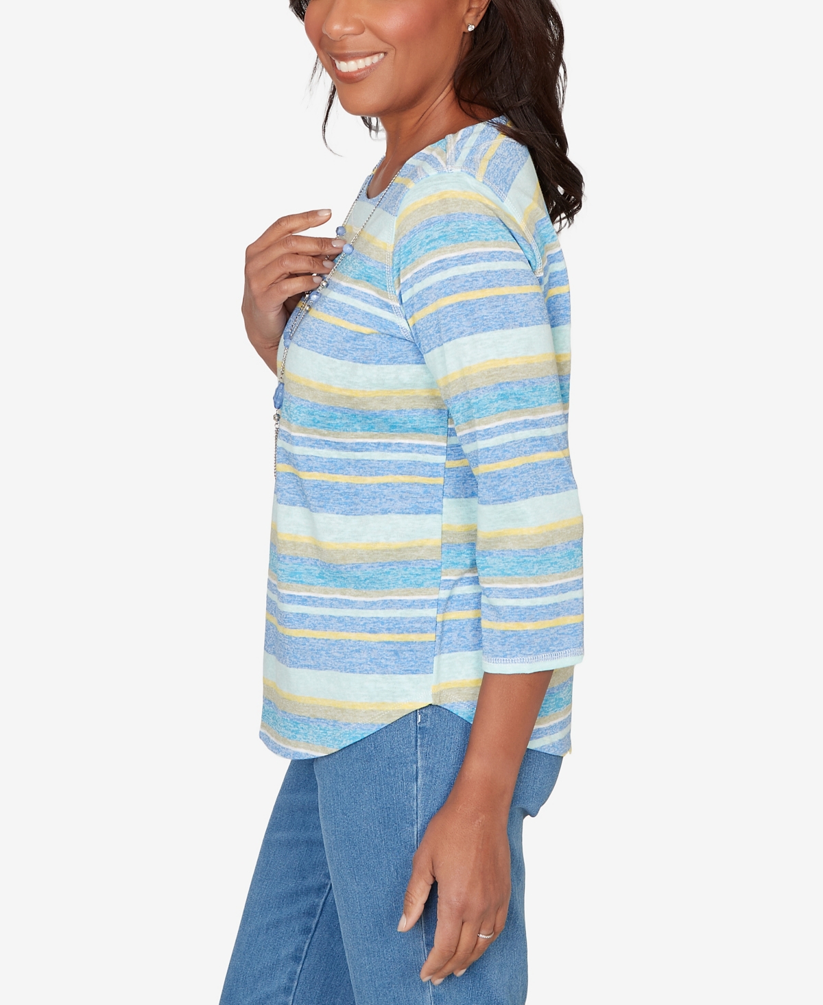 Alfred Dunner Women's Beachcomber Coastal Striped Top with Necklace