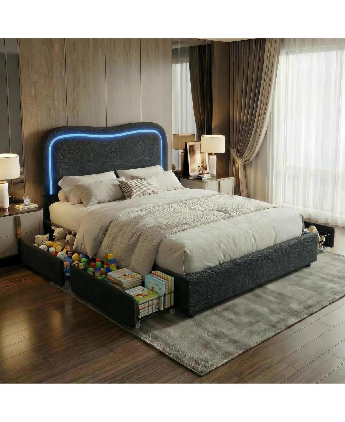 gaomon Boucle Bed Frame with 2 Storage Drawers, Upholstered Platform Led Headboard