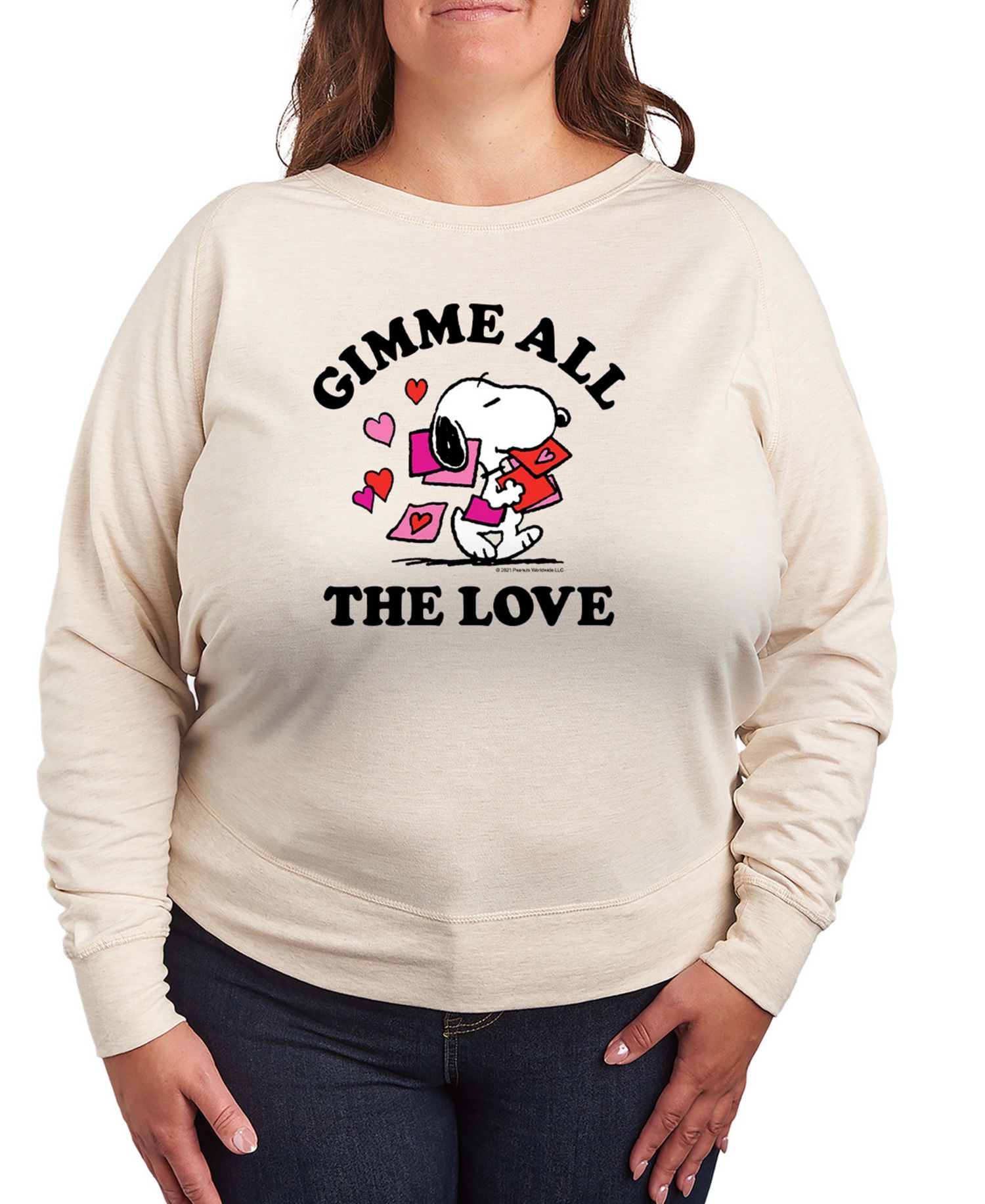Women's Peanuts Snoopy Gimme All The Love Valentine French Terry Long-Sleeve T-Shirt