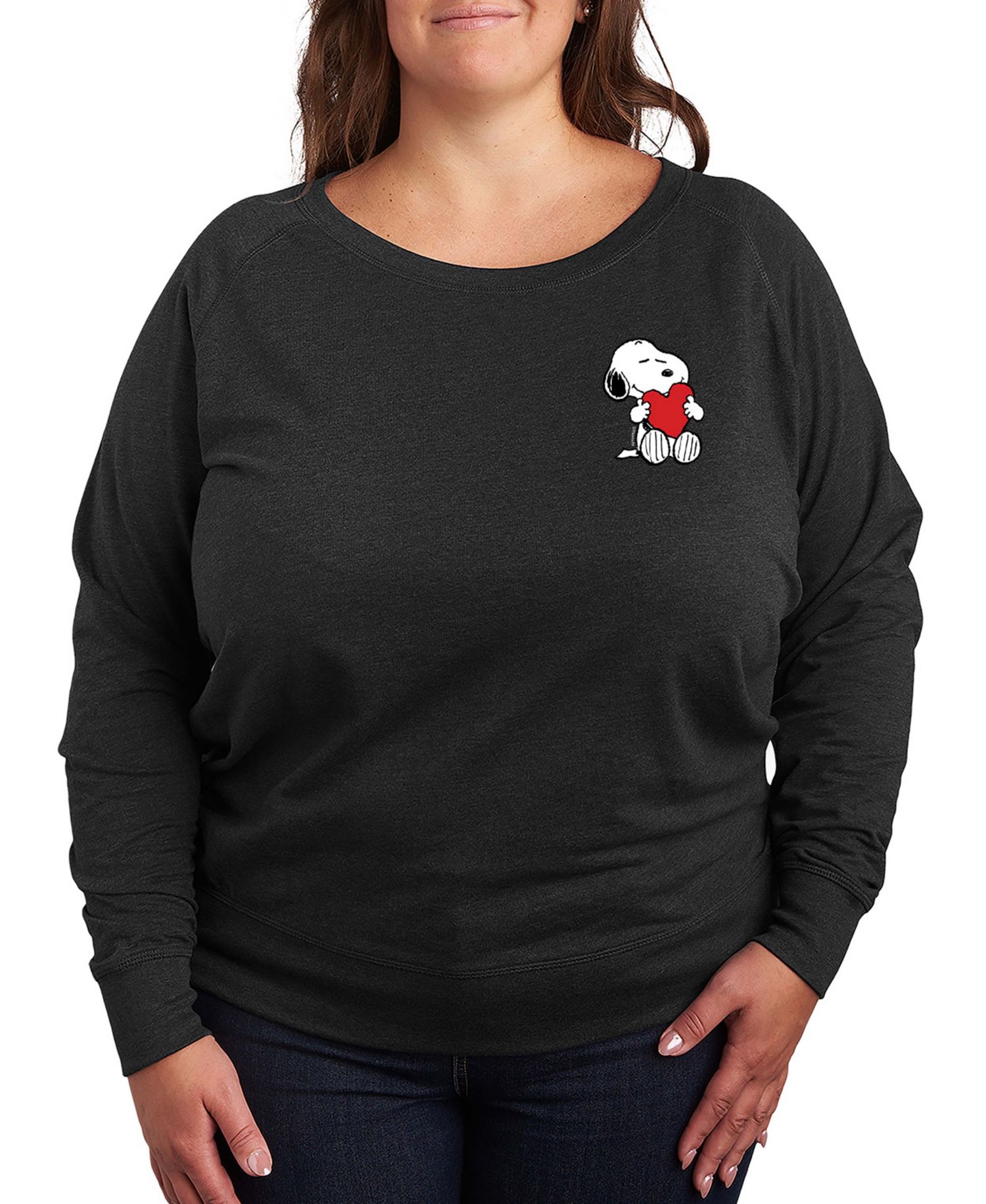Women's Peanuts Snoopy Valentines Hugging Heart French Terry Long-Sleeve T-Shirt
