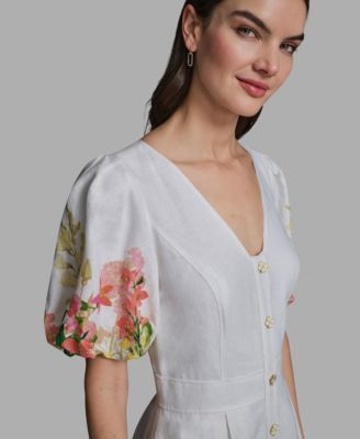 Women's Floral Border Linen Puff-Sleeve Dress