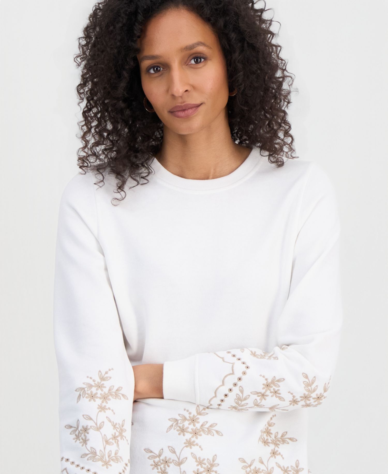 Petite Long-Sleeve Trim Eyelet Knit Crew Neck Top