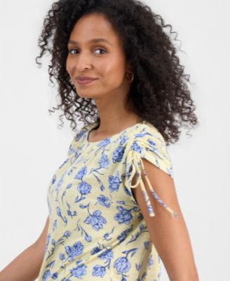 Women's Floral-Print Boat-Neck Ruched-Sleeve Top