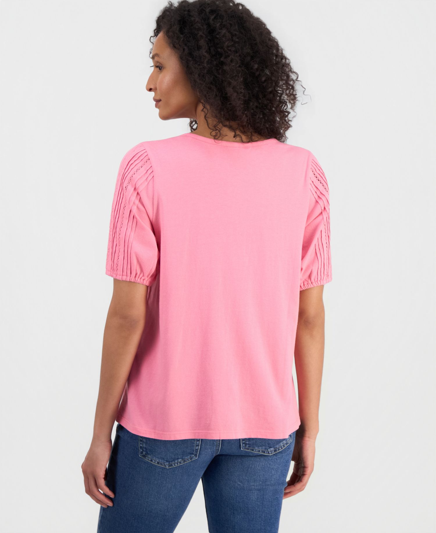 Petite Printed Lace Trim Cotton Short-Sleeve Blouse