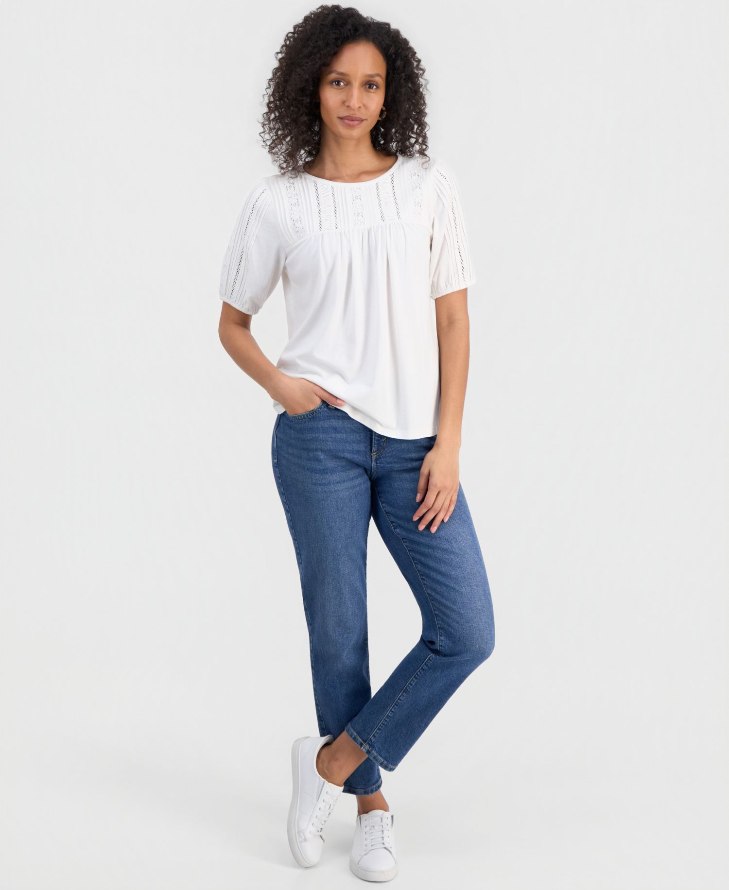 Petite Printed Lace Trim Cotton Short-Sleeve Blouse
