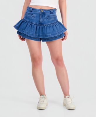 Juniors' High-Rise Ruffled Denim Skort