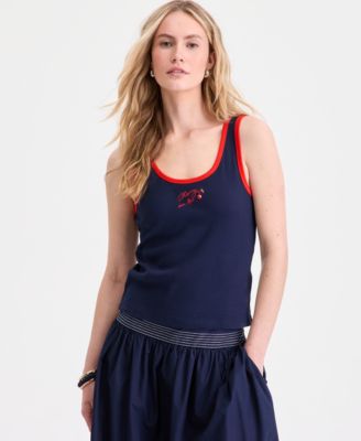 Women's Cherry Embroidered Double-Scoop Rib Tank
